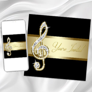 Elegant svart och guld musik diskantnyckel inbjudningar