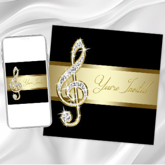 Elegant svart och guld musik diskantnyckel inbjudningar
