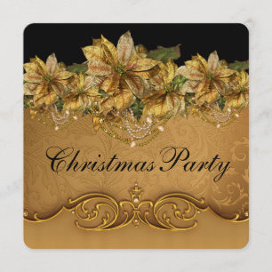 Elegant svart och guld Poinsettia julfest Inbjudningar