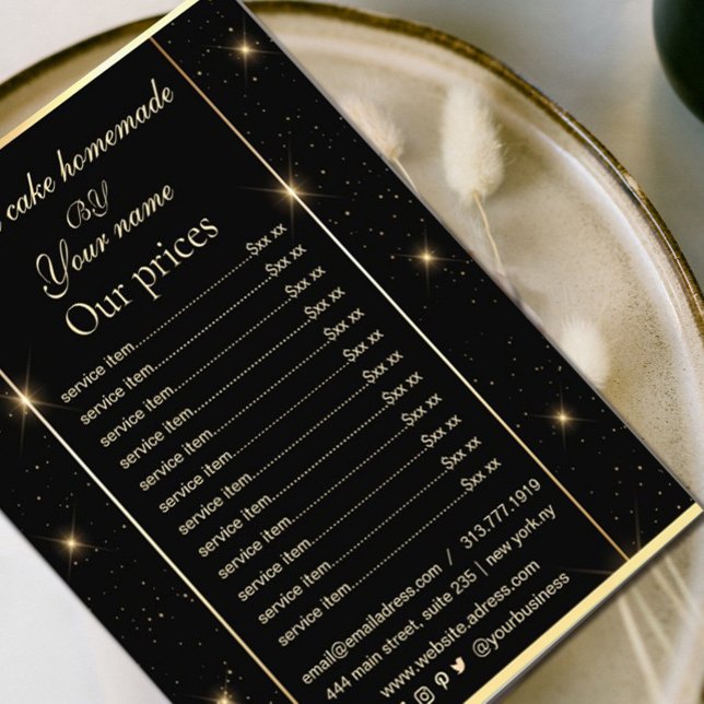 Elegant svart och guld prislista flygblad (#flyer #pricelist #productmenu #blackandgold #chick #gold whisk #FauxGold #sparkles #goldframe)