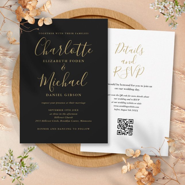 Elegant svart och guld QR-kod bröllopsskrift Inbjudningar (Elegant Script Black And Gold QR Code Wedding Invitation)