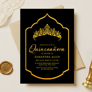 Elegant svart och guld Quinceanera-krona Inbjudningar