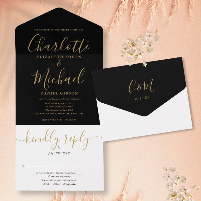 Elegant svart och guld script minimalistisk bröllo (Skapare uppladdad)