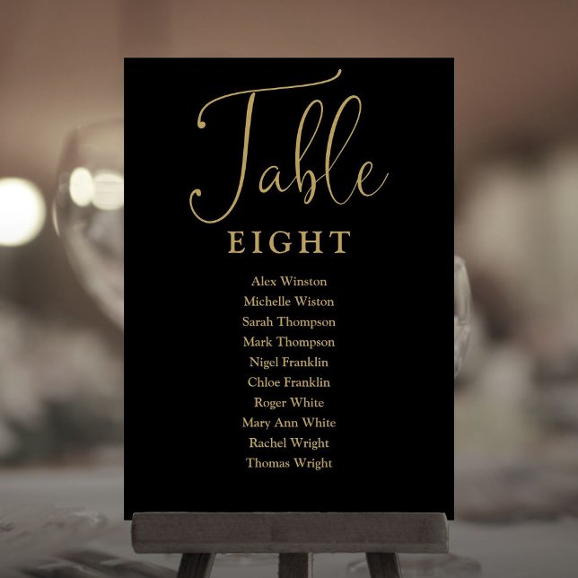 Elegant svart och guld sittplatskarta bordskort (Elegant Black And Gold Seating Chart Table Number)