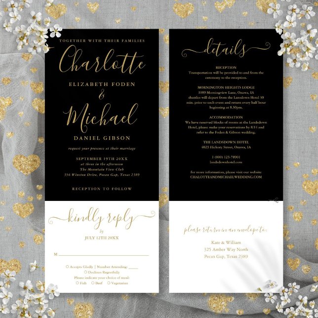 Elegant svart och guld skript allt-i-ett bröllop inbjudningar (Elegant Black And Gold Script All In One Wedding Invitation)