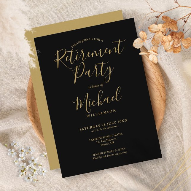 Elegant, svart och Guld, skript Pension Party Inbjudningar (Skapare uppladdad)