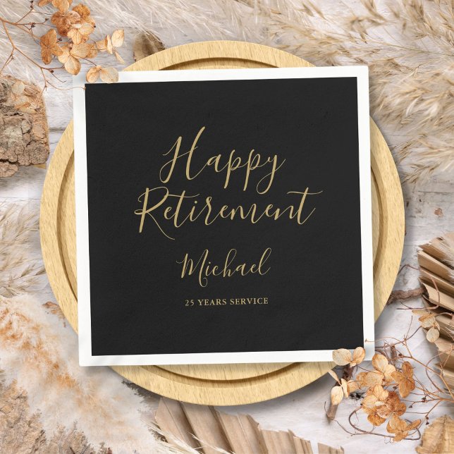 Elegant, svart och Guld, skript Pension Party Pappersservett (Elegant Black And Gold Script Retirement Party Napkins)