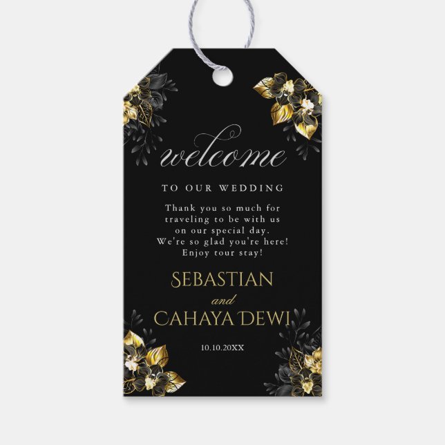 Elegant svart och guld sommarbröllop presentetikett (Framsidan)