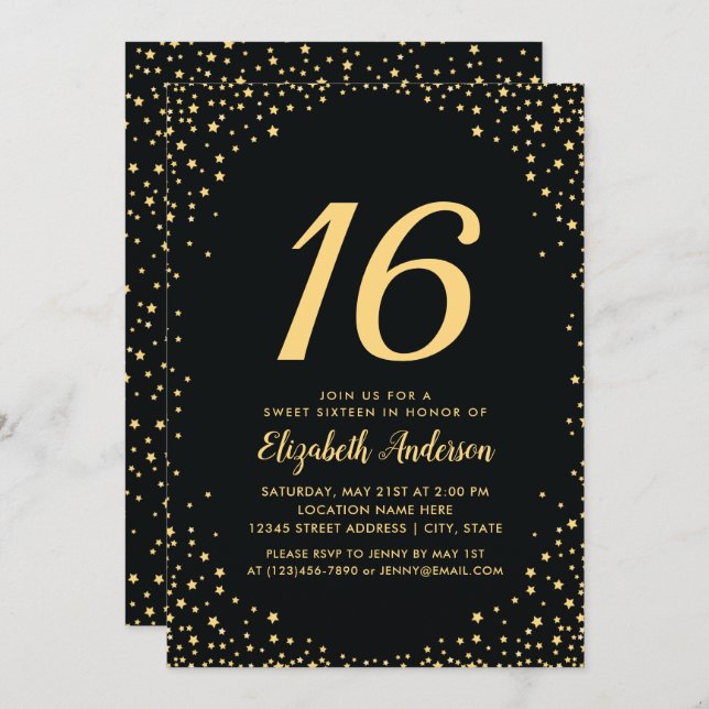 Elegant svart och guld stjärnor Sweet 16 födelseda Inbjudningar (Fram/baksida)
