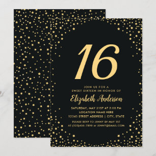 Elegant svart och guld stjärnor Sweet 16 födelseda Inbjudningar