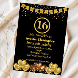Elegant svart och guld Sweet 16 födelsedagsfest Inbjudningar