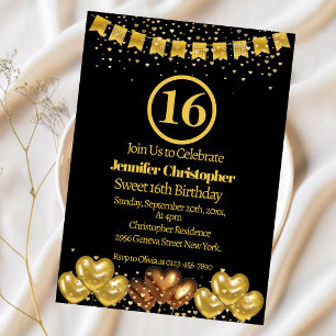 Elegant svart och guld Sweet 16 födelsedagsfest  Inbjudningar