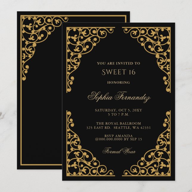 Elegant svart och Guld Sweet 16 Inbjudningar (Fram/baksida)