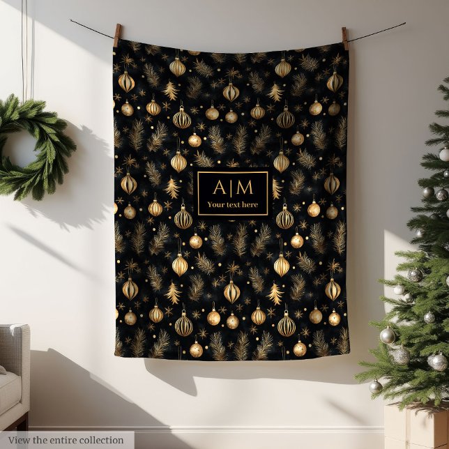 Elegant svart och guld vattenfärg modern semester fleecefilt (Chic black and gold watercolor modern holiday Fleece Blanket )