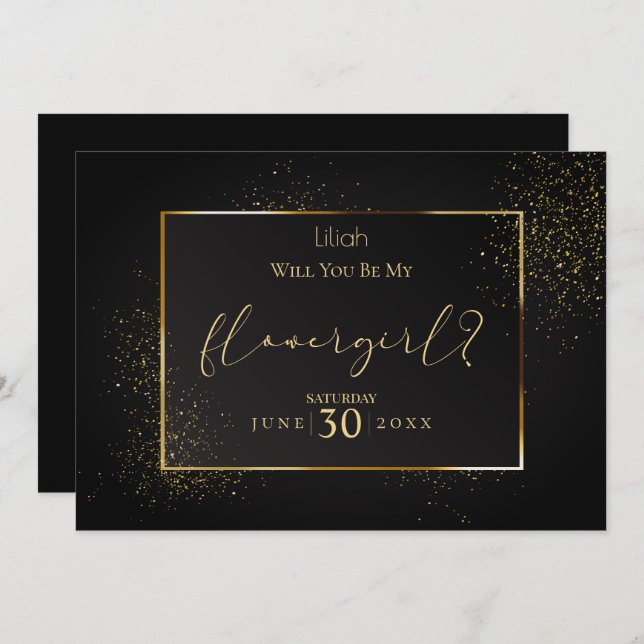 Elegant svart och guld  Vill du vara min blomsterf Inbjudningar (Fram/baksida)