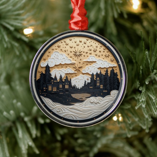Elegant svart och guld vinterby ornament (Träd)