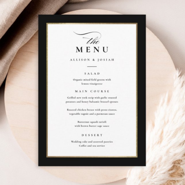Elegant svart och guldbröllop meny (Elegant black and white with gold frame wedding menu.)