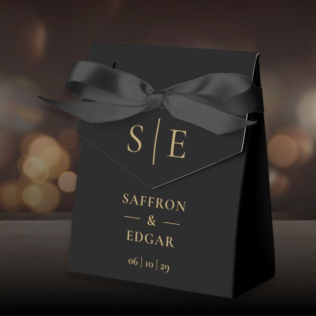 Elegant svart och guldmonogram bröllop presentaskar (Elegant Black And Gold Monogram Wedding Favor Boxes)