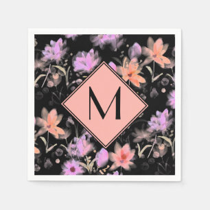 Elegant svart och korallrosa blommig monogram pappersservett