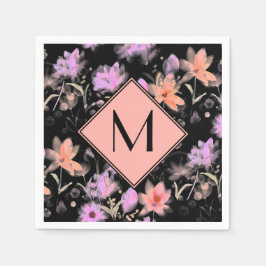 Elegant svart och laxton floral monogram pappersservett