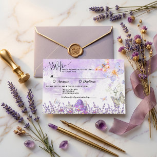 Elegant svart och lila fjäril bröllop RSVP  OSA Kort