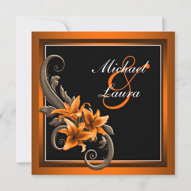 Elegant svart och orange asiatisk lilja bröllop inbjudningar (Framsida)