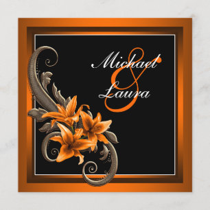 Elegant svart och orange asiatisk lilja bröllop inbjudningar
