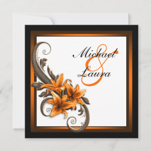 Elegant svart och orange asiatisk lilja bröllop inbjudningar