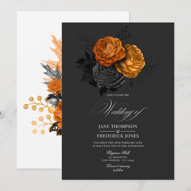 Elegant svart och orange gotisk blomsterdesign inbjudningar (Fram/baksida)