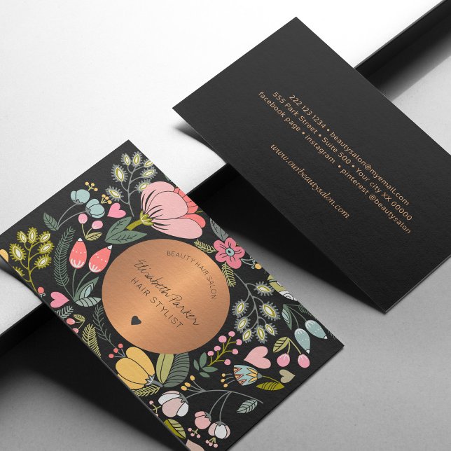 Elegant Svart och pastel rosa blommigt skönhetssal Visitkort (Skapare uppladdad)