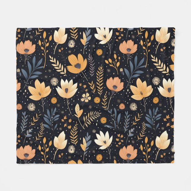 Elegant svart och persiko Boho blommig Fleecefilt (Framsidan (Horisontell))