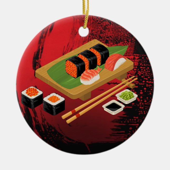 Elegant svart och röd sushi i modern chic stil julgransprydnad keramik (Framsidan)