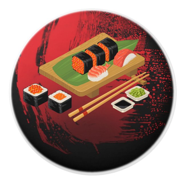 Elegant svart och röd sushi med modern chic knopp (Framsidan)