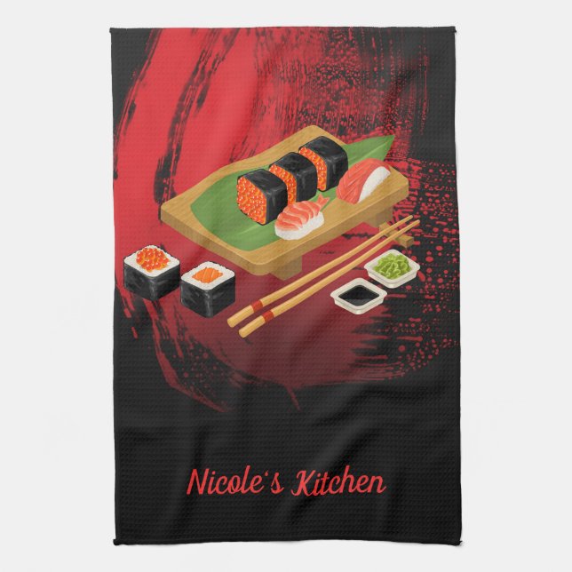 Elegant svart och röd sushi med modern chic kökshandduk (Vertikal)