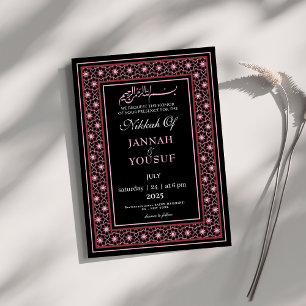 Elegant svart och rosa islamisk Nikkah-bröllop Inbjudningar