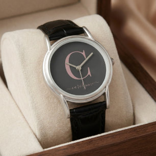 Elegant svart och roséguld monogram kalligrafi armbandsur