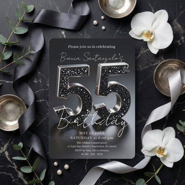Elegant svart och silver glitter 55-årsdag inbjudningar (Skapare uppladdad)