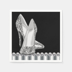 Elegant svart och silver glitter högklackad sko pappersservett