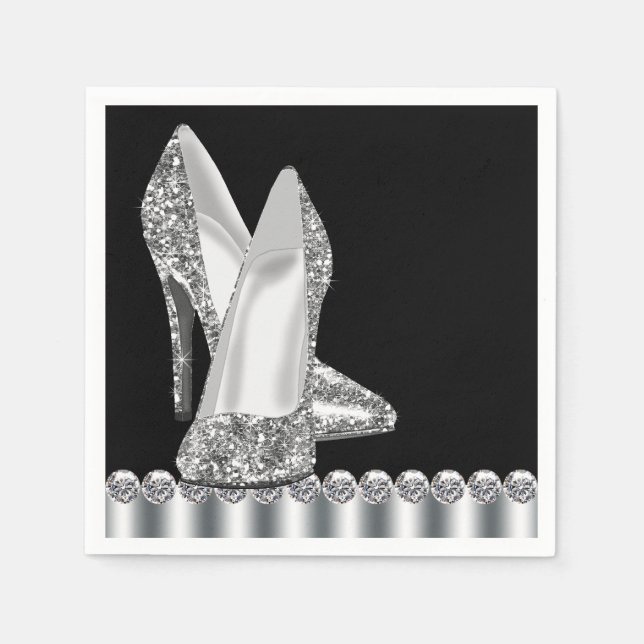 Elegant svart och silver glitter högklackad sko pappersservett (Framsidan)