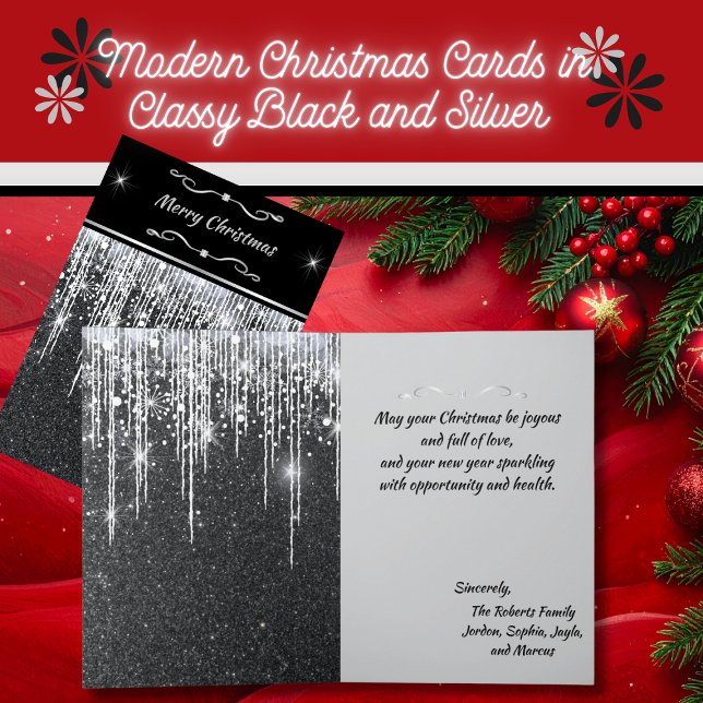 Elegant svart och silver glitter Script-anteckning Kort (Elegant 5" x 7" sparkly silver and black Christmas cards with personalized greeting and message)