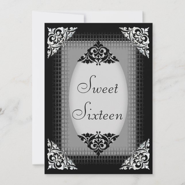 Elegant svart och silver Sweet 16 Inbjudningar (Framsida)