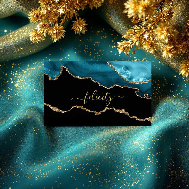 Elegant svart och turkos guldagate QR-kod Visitkort (Elegant Black and Turquoise Gold Agate QR Code Business Card)