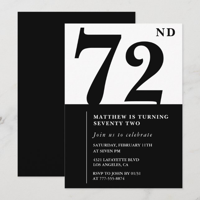 Elegant svart och vit 72-års födelsedagsinbjudan inbjudningar (Fram/baksida)