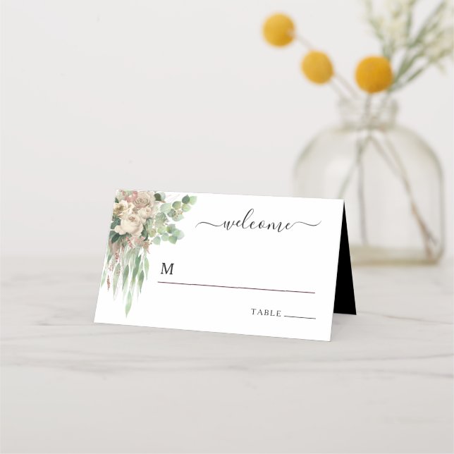 Elegant svart och vit blombröllop placeringskort (Framsida)