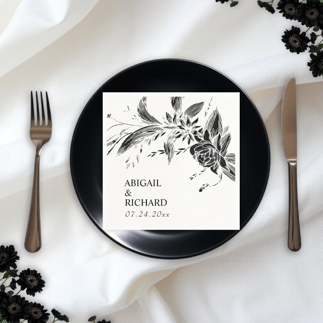 Elegant, svart och vit blomma bröllop pappersservett (Skapare uppladdad)