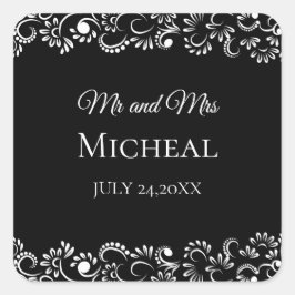 Elegant - svart och vit blommigt bröllop fyrkantigt klistermärke