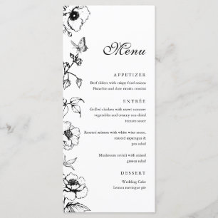 Elegant, svart och vit Blommigt, Bröllop, platt me Meny