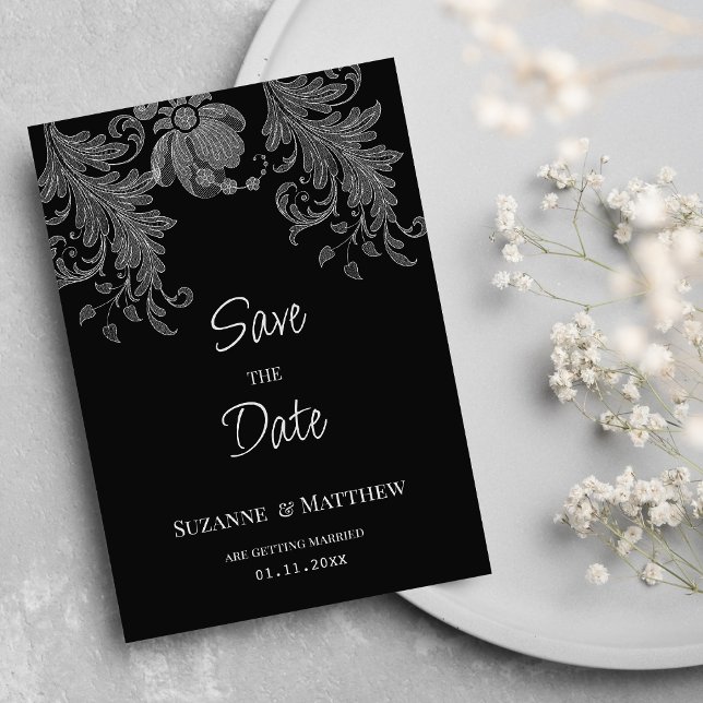 Elegant svart och vit blommigt snöre Spara datum Inbjudningar (Elegant black and white floral lace Save the Date)