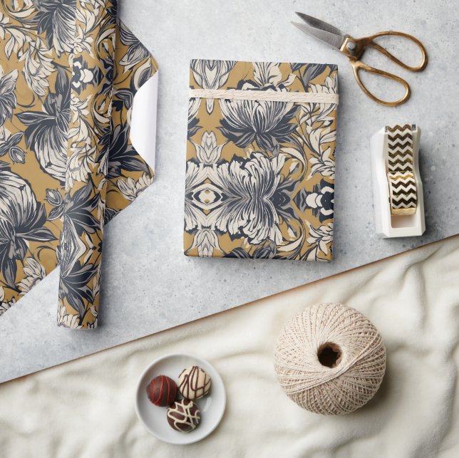 Elegant svart och vit blommönster på guldbakgrund presentpapper (Hantverk)