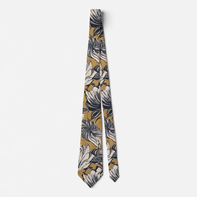 Elegant svart och vit blommönster på senapsgul bak slips (Framsida)